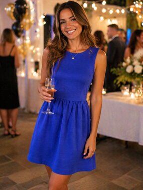 Madewell Sleeveless Fit & Flare Dress Blue Mini Crew Neck Back Zip Size M